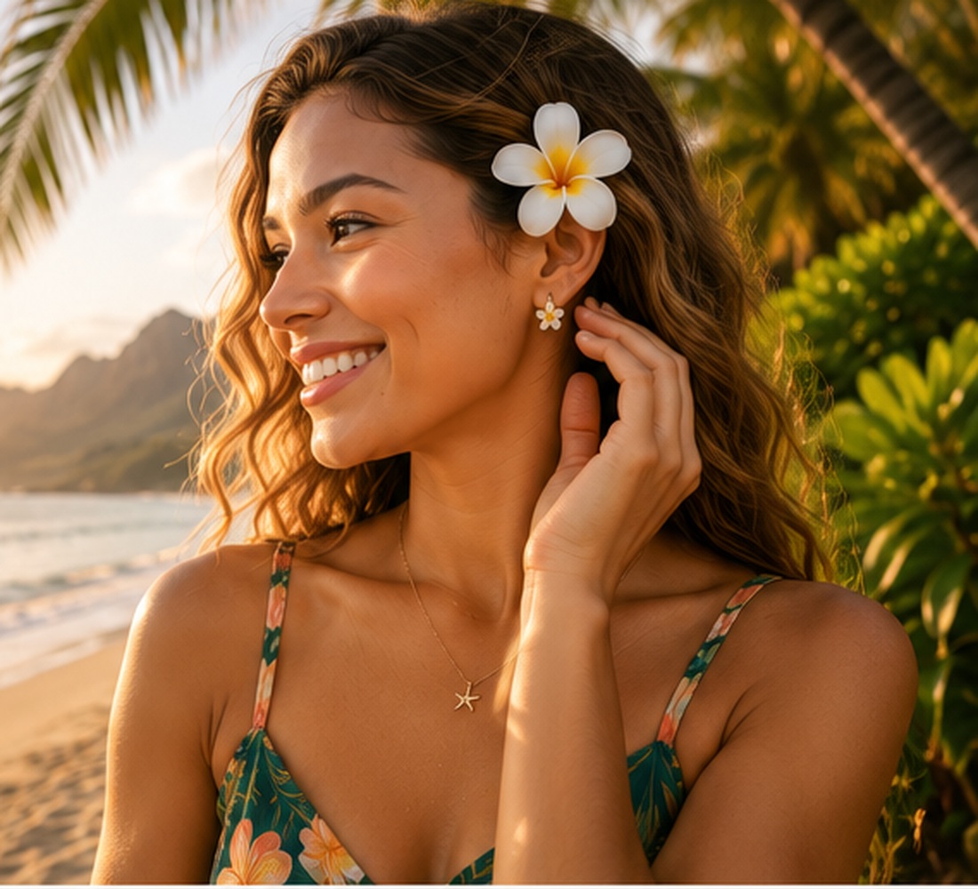 Clean video preview photo of model wearing plumeria earrings on a Hawaii beach