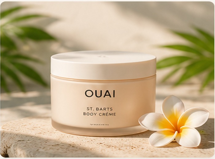 OUAI St. Barts Body Crème jar with tropical styling