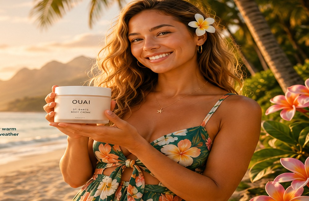 Aloha Tested video placeholder showing model presenting OUAI St. Barts Body Crème in a Hawaii beach setting